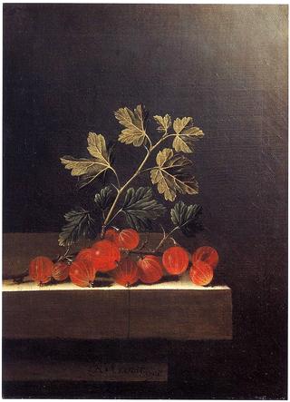 Spray of Red Gooseberries on a Stone Plinth