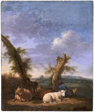 有羊和熟睡的牧羊人的风景