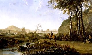 Rider and Herdsman in an Imaginary Landscape with a Ruined Castle and Distant Town