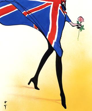 A Woman in a Union Jack Dress, Holding a Rose