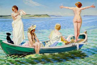 Girls in a green rowing boat on a summer day