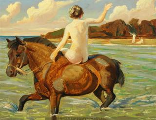 Back turned nude woman on horseback in the shallows