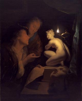 Young Man and Woman Studying a Statue of Venus, by Lamplight