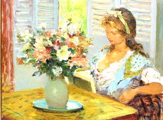 Girl Reading at a Table with a Vase of Flowers