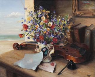 Still Life with Books, Violin,  and a Bouquet of Flowers with Sea Background