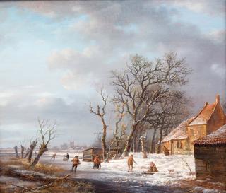 A Dutch Winter Landscape with Figures and Skaters near a Farm