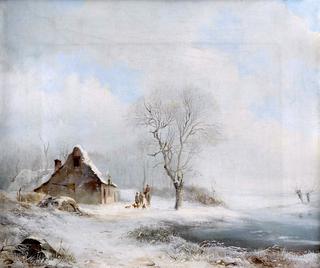 Winter landscape with farmhouse, hunters and riders by the water