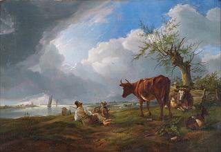 Shepherd with His Cattle and a Dog at Rest