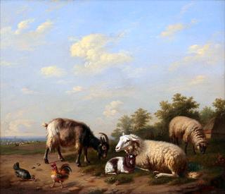 Circle Goat, Sheep, Lamb and Chickens in front of a Farm with Shepherd and Dog in the Distance