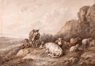 Mountain landscape with sheep, oxen and shepherd