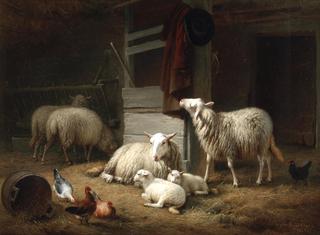 A Barn Interior with Ewes
