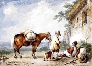 A dismounted horseman talking to another man by a house