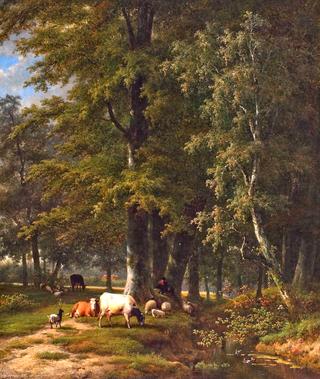 Shepherd with His Flock Resting by a Forest Creek