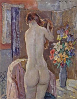 Standing nude with flowers