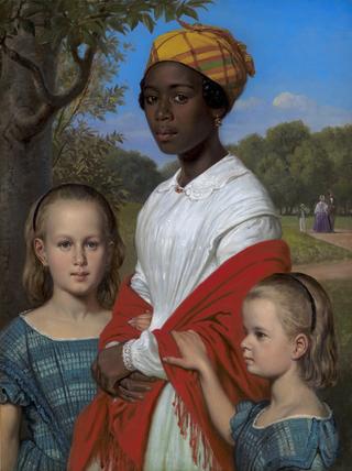 Portrait of Otto Marstrand's two Daughters and their West-Indian Nanny, Justina, in the Frederiksberg Gardens near Copenhagen