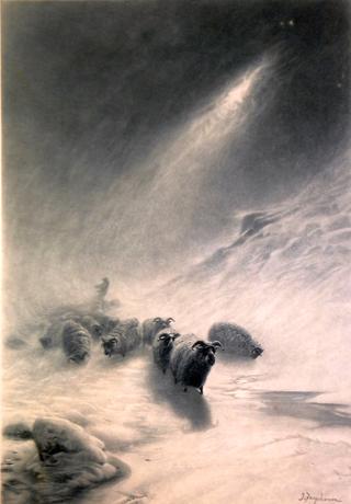 Sheep and Shepherd in Winter Landscape