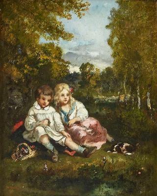 Two Children and their Dogs in the Forest of Fontainebleau