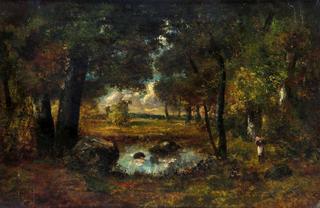 A Figure and a Dog by a Pool in a Woodland Clearing