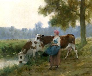 Young Maid with her Cows at the Water's Edge
