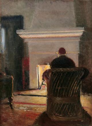 Interior with Holger Drachmann at the fireplace in Villa Pax, Skagen