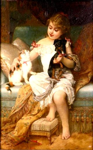 Girl with Kitten and Puppy