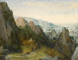 Rocky Landscape with Travelers on a Path, with a View of a Town in the Valley Beyond