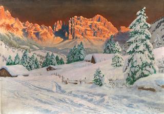Winter Landscape with Mountain Range in the Sunset