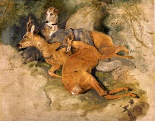 A Deerhound with Two Dead Roe Deer