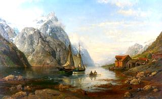 A Fjord view with sailboat and distant steamer