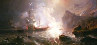 Battle of a French ship of the line and two galleys of the Barbary corsairs