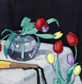 Still Life with Tulips on a Black Background