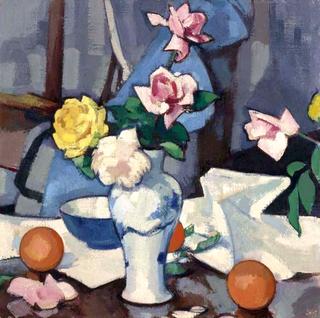 Still Life of Roses in a Blue and White Vase