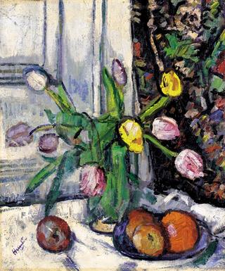 Still Life with Yellow, Pink, and White Tulips in a Glass Vase