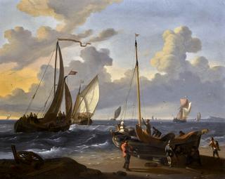 A Fishing Pink being Made Ready  to be Launched from a beach in a Breeze, with Small Dutch Vessels Inshore