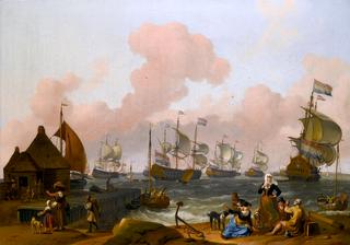 A Coastal Landscape with Many Figures on the Shore by a quay, with Several Two-Deckers in a Still Breeze beyond