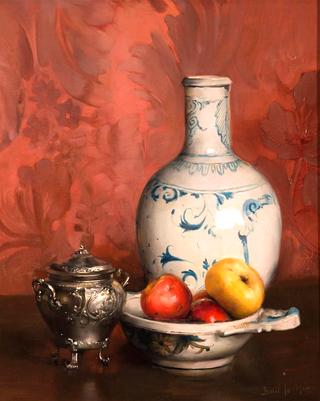 Still Life: Apples in a Porcelain Dish, a Blue and White Vase, and a Silver Sugar Bowl