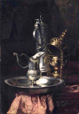 A Silver Jug and Bowl on a Wooden Ledge