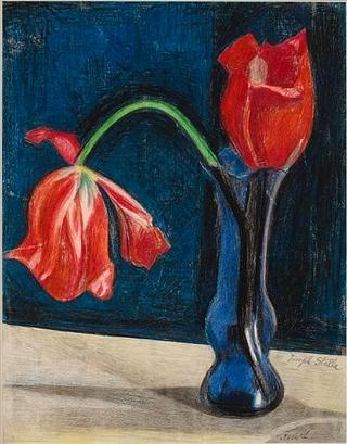 Red Tulips in a Blue Vase