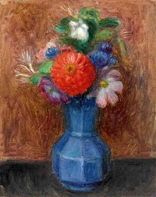 Flowers in Blue Octagonal Vase