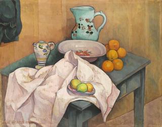 Still Life with  pitcher and fruit on towel