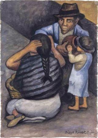 Man Woman and Child with Clay Pot