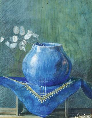 Still Life of a Moneyplant Branch in a Blue Vase