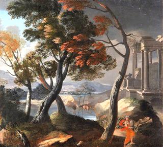A River Landscape with a Ruined Temple, Trees and a Woman with a Pitcher