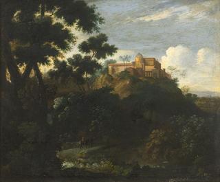 Wooded mountainous landscape with travellers on a track, a villa beyond