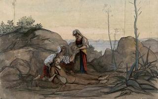 Deux italiennes secourent un vieux moine étendu sur le sol (Two Italians Rescue an Old Monk Lying on the Ground)