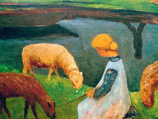 Sitting Girl with Sheep at the Pond I"