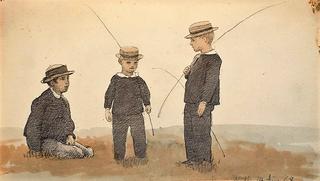 Three boys with straw hats