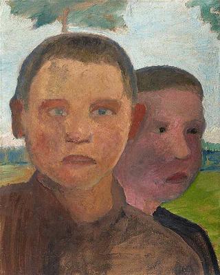 Two boys in front of landscape