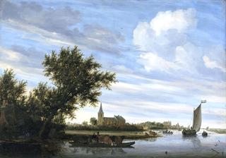 River Scene with Church and Ferryboat