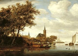 River Scene with Fishing Boats at a Village
